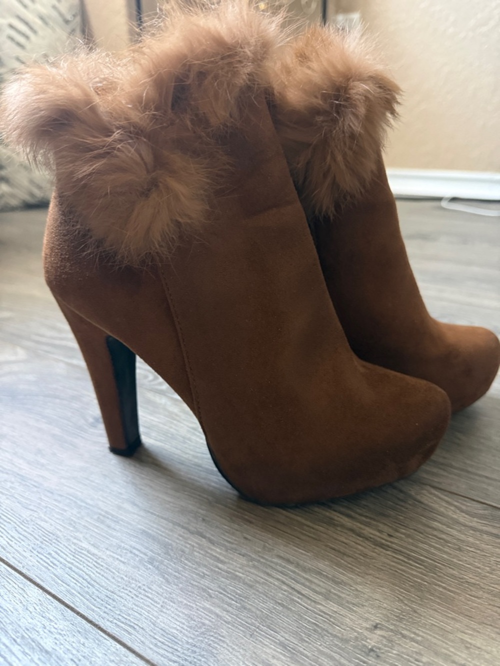 Suede Faux-Fur Trim High-Heel Ankle Boots - Brown